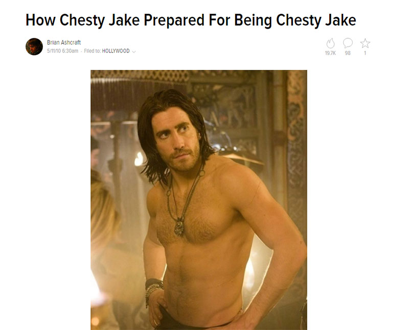 Because we worked late nights, because he was/is a hunk and because his name was a pain to keep correcting when we spelled it wrong, we starting calling Jake Gyllenhaal “Chesty Jake”. It ended up making it into World of Warcraft, which was nice.